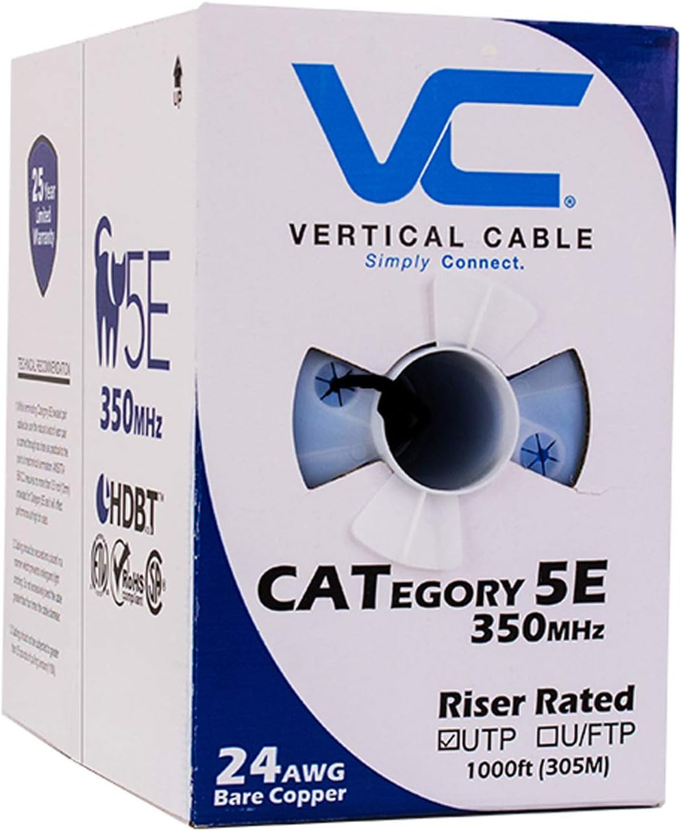 Vertical Cable Cat5E, 350 Mhz, UTP, 24AWG, 8C Solid Bare Copper, 1000Ft, Black,