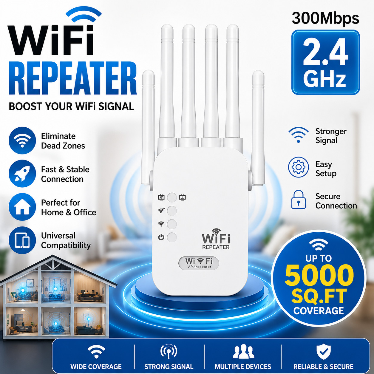 WiFi Extender Booster Repeater for Home & Outdoor Wireless Strong Penetrability