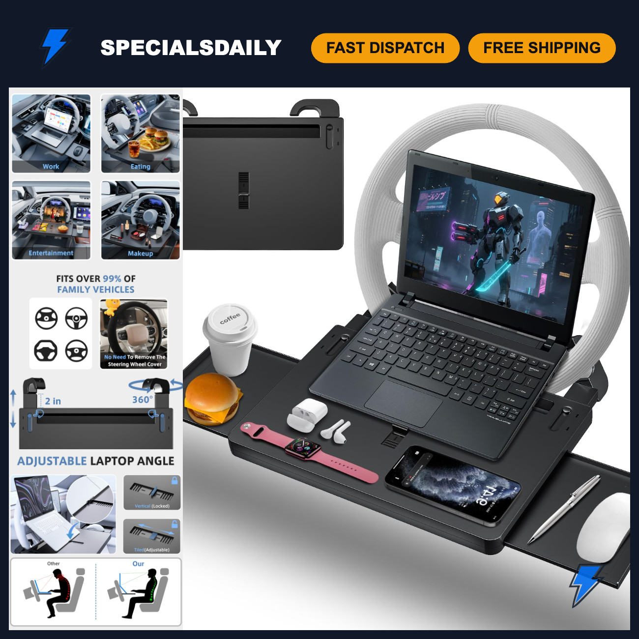 Multipurpose Car Steering Wheel Tray, Food & Laptop Desk, Adjustable Table with
