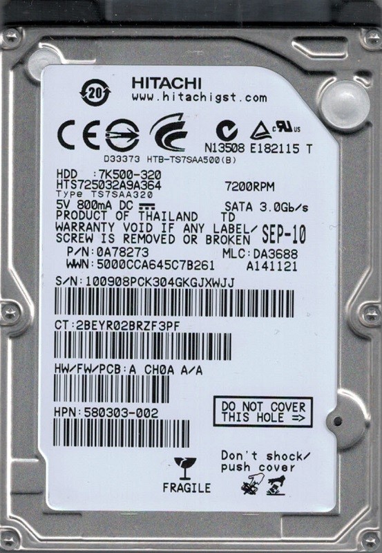 Hitachi HTS725032A9A364 P/N: 0A78273 MLC: DA3688 320GB Thailand