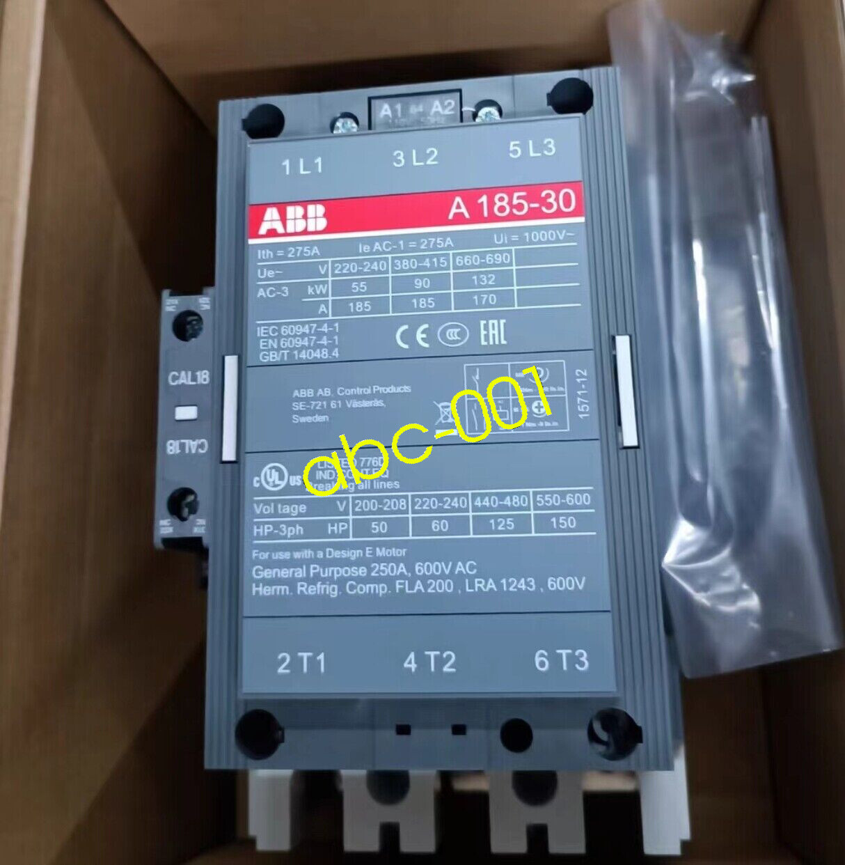 1pc ABB A185-30-11 Contactor 380-400V50Hz/400V-415V60Hz 1SFL491001R8511 DHLFEDEX
