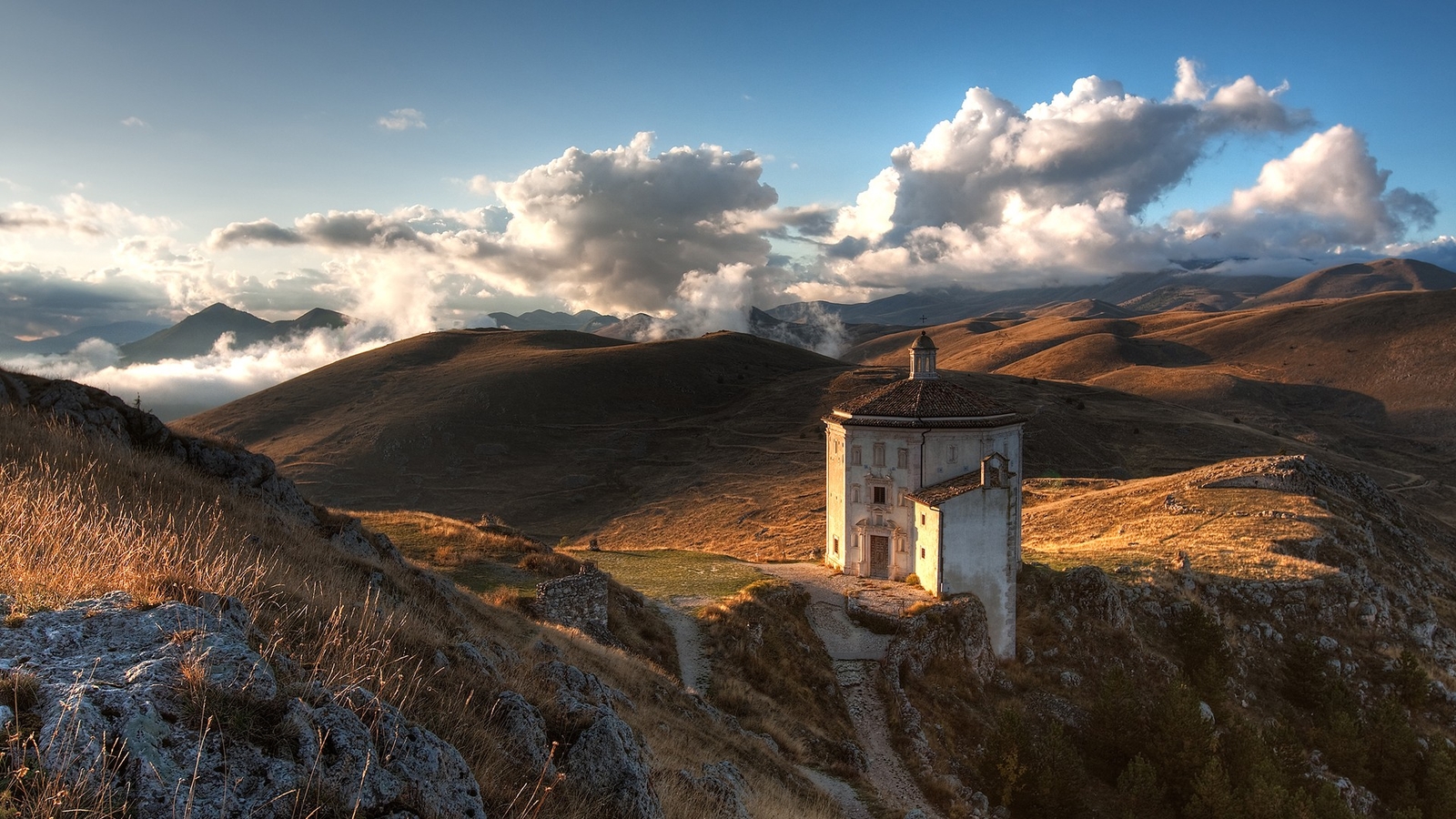 Landscape nature building clouds hills italy chapel Custom Gaming Mat Desk