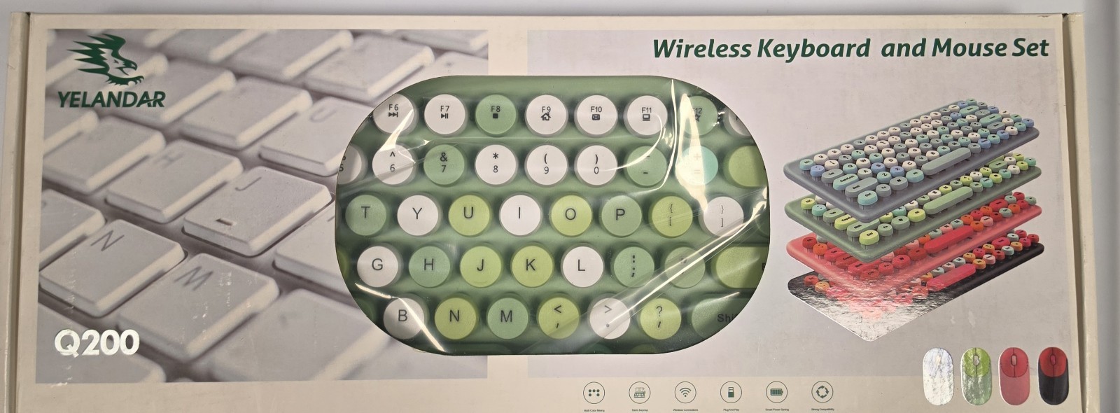Yelandar Q200 Wireless Keyboard Mouse Set 2.4GHz USB Retro Round Keys Green