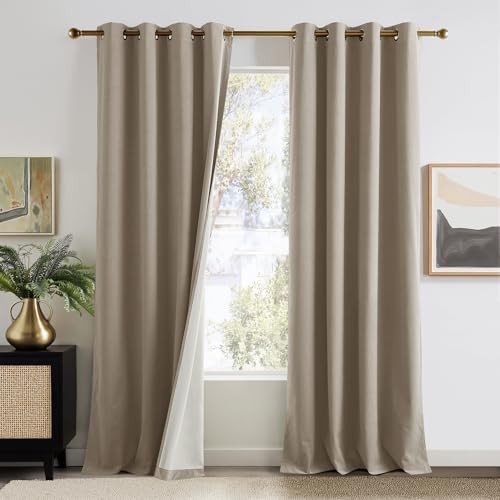  100% Blackout Velvet Curtains 96 inch Long 52 52"W x 96"L (Pack of 2) Khaki