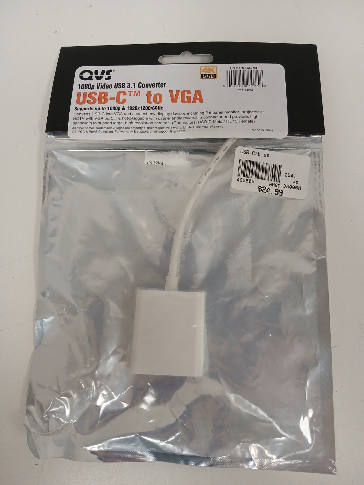 QVS USB-C To VGA Converter, 1080p Video USB 3.1 4K UHD