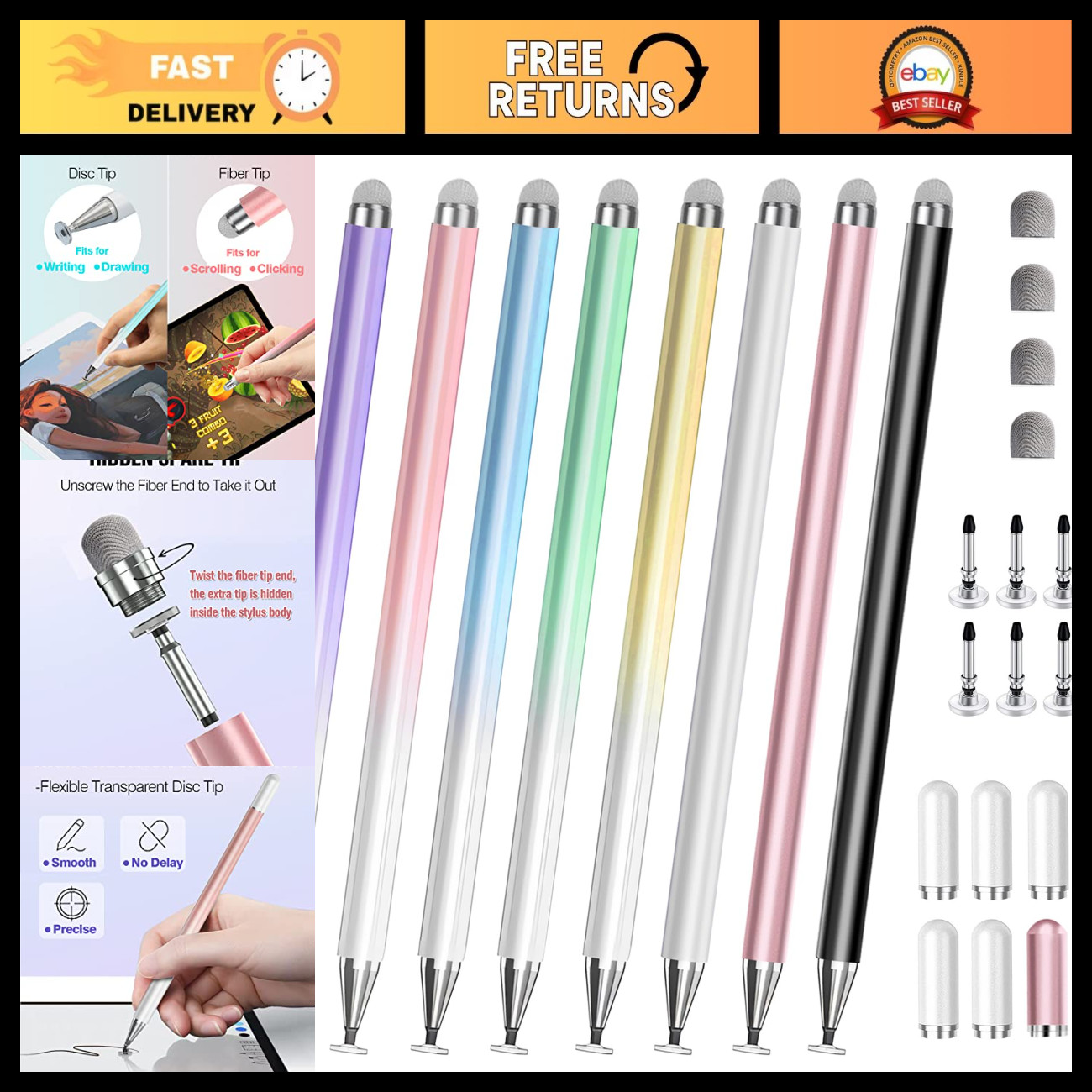 2-in-1 Touchscreen Stylus Pens, Fine Tip for iPhone, iPad, Android, Tablets - 8