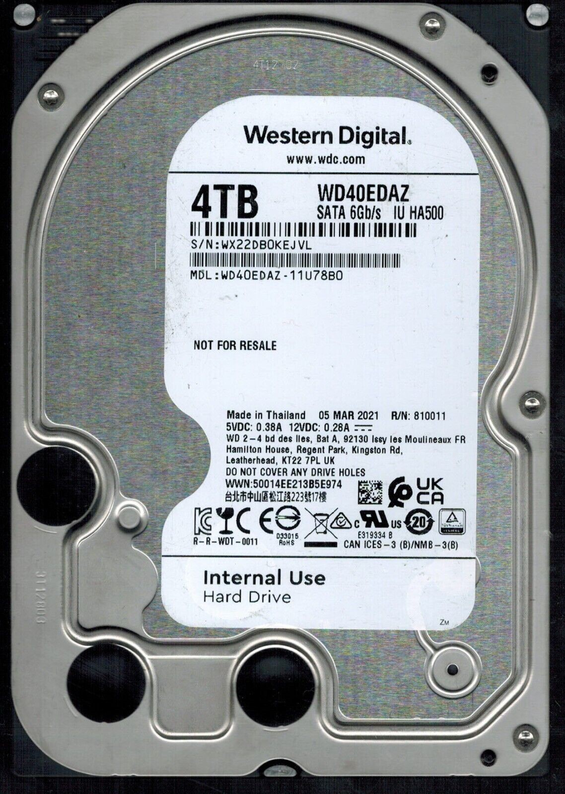 WD40EDAZ-11U78B0 S/N: WX22D WESTERN DIGITAL 4TB THAILAND MAR 2021