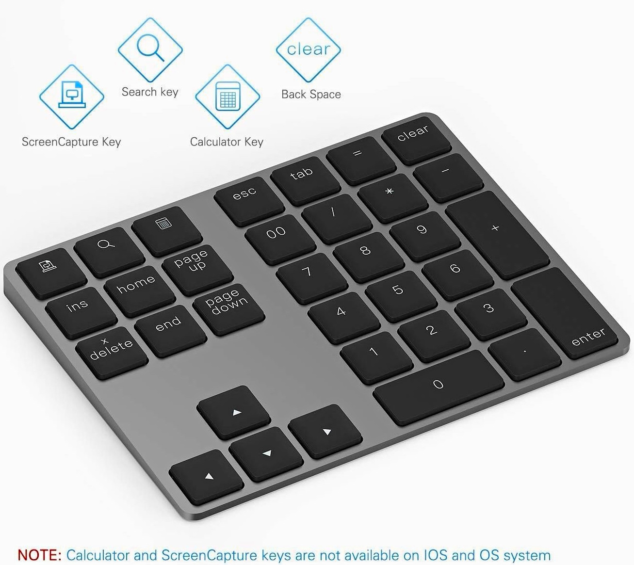 LEKVEY 34-Key Bluetooth Numeric Keypad, Rechargeable Built-In Battery, Aluminum