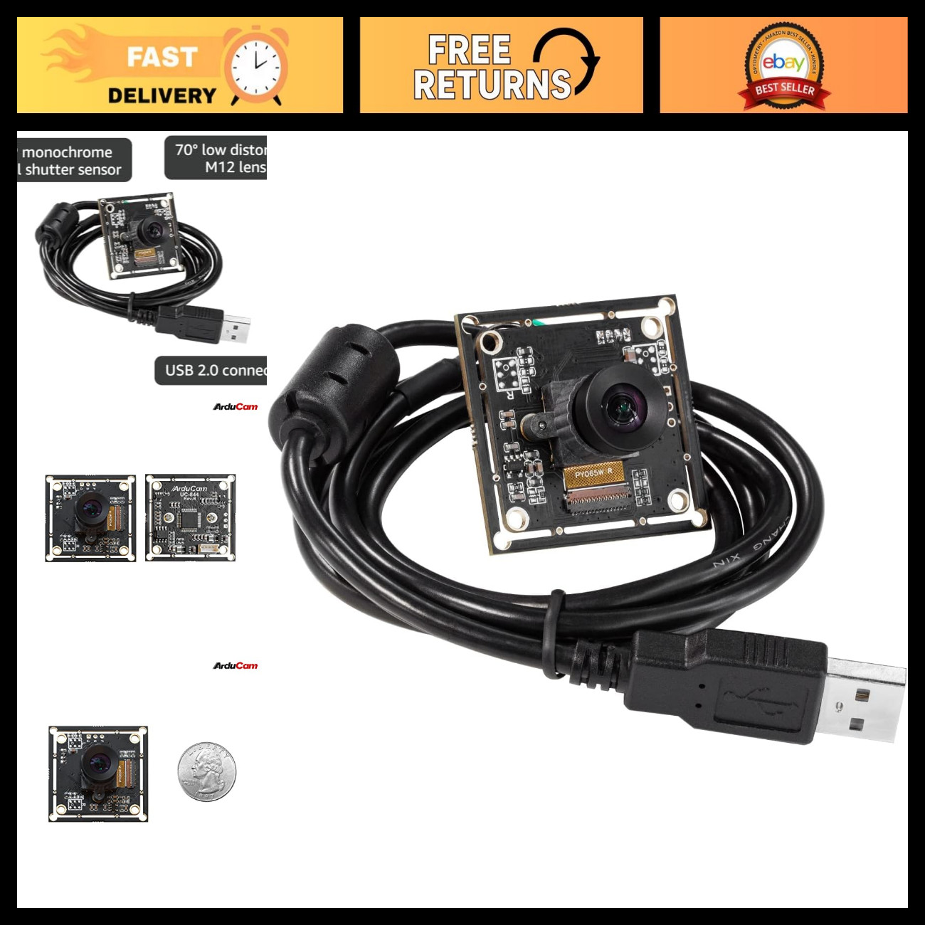 100fps Mono Global Shutter USB Camera, 720P OV9281 UVC Webcam Module, Low Distor