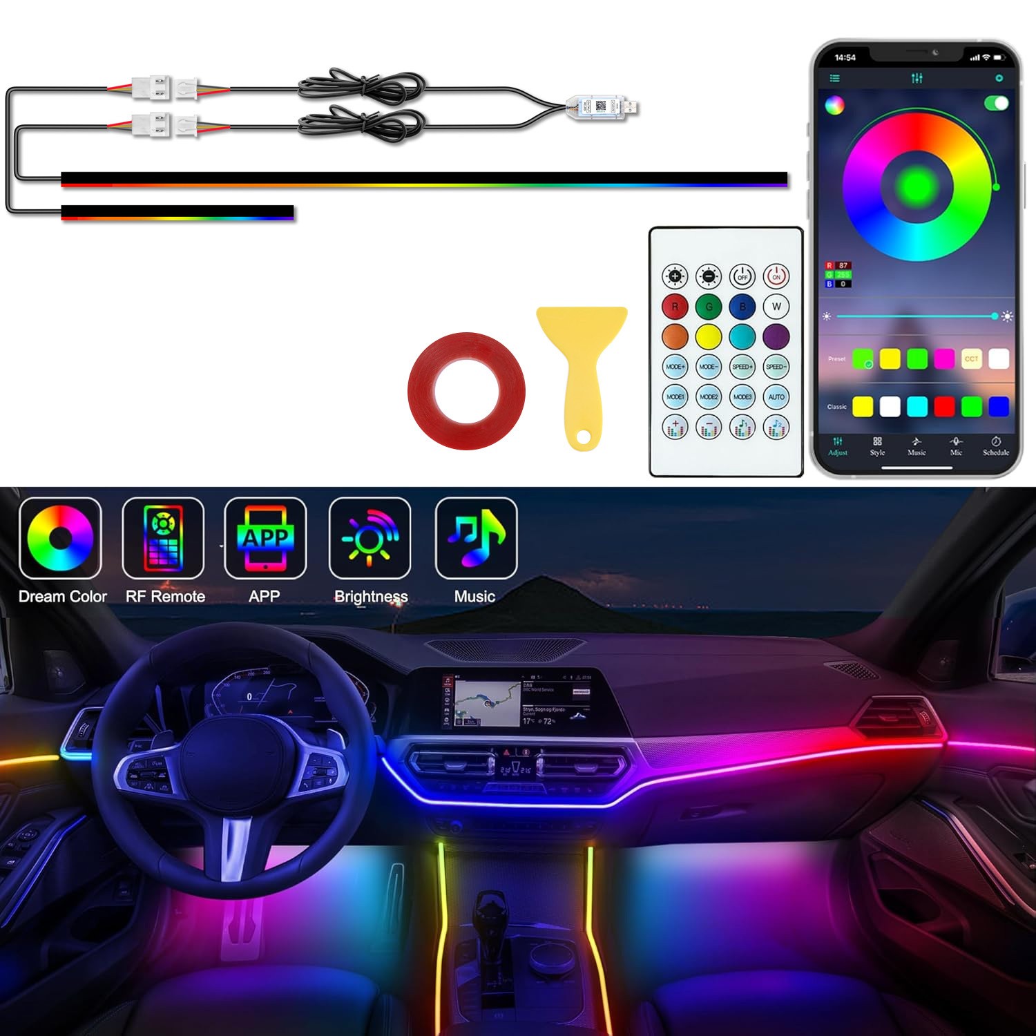 RGB Car Atmosphere Light Strips - 2-IN-1 USB Phone & APP Control For Interior US
