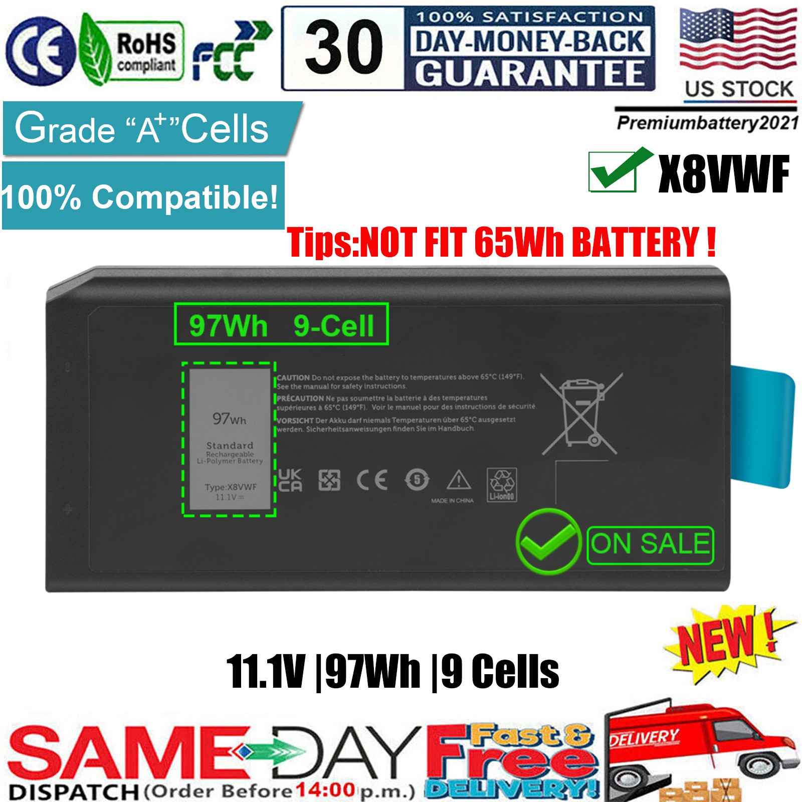 ✅97Wh X8VWF Laptop Battery For Dell Latitude 14 Rugged 5404 5414 E5404 7404 7414
