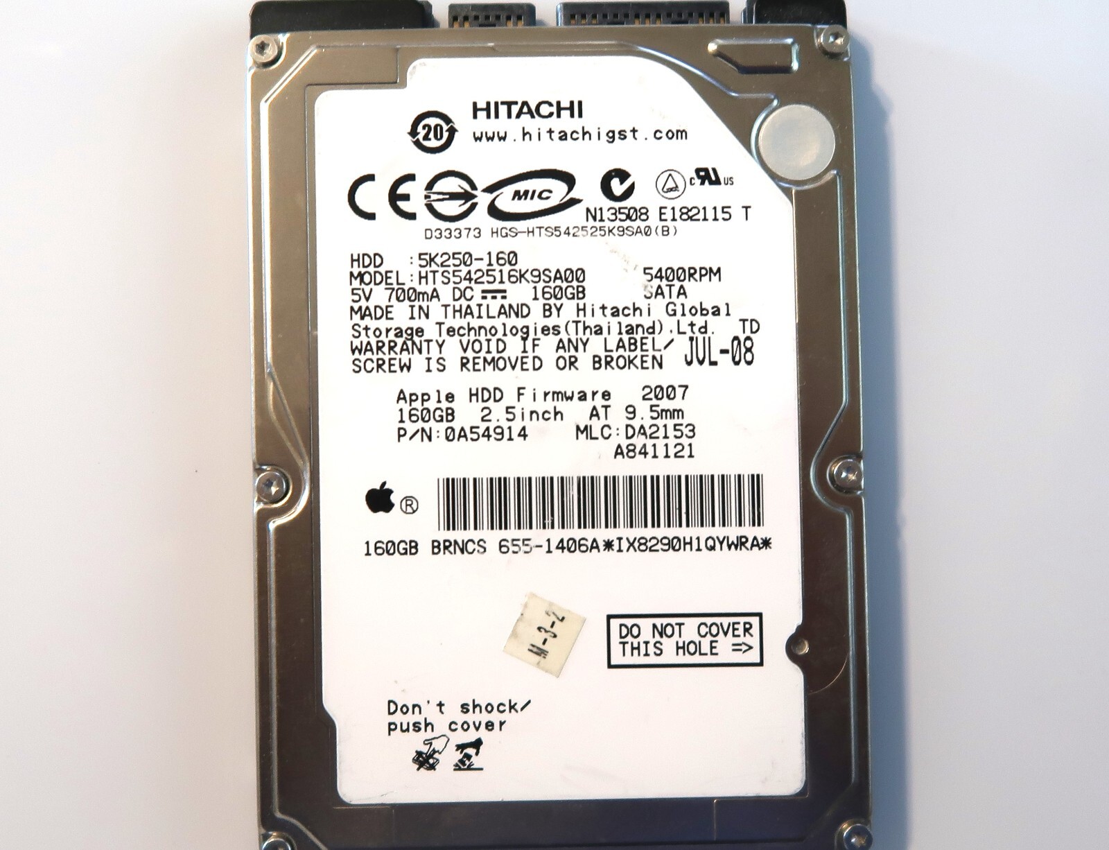 Hitachi HTS542516K9SA00 0A54914 DA2153 655-1460A 160gb 2.5" Sata Thailand JUL-08