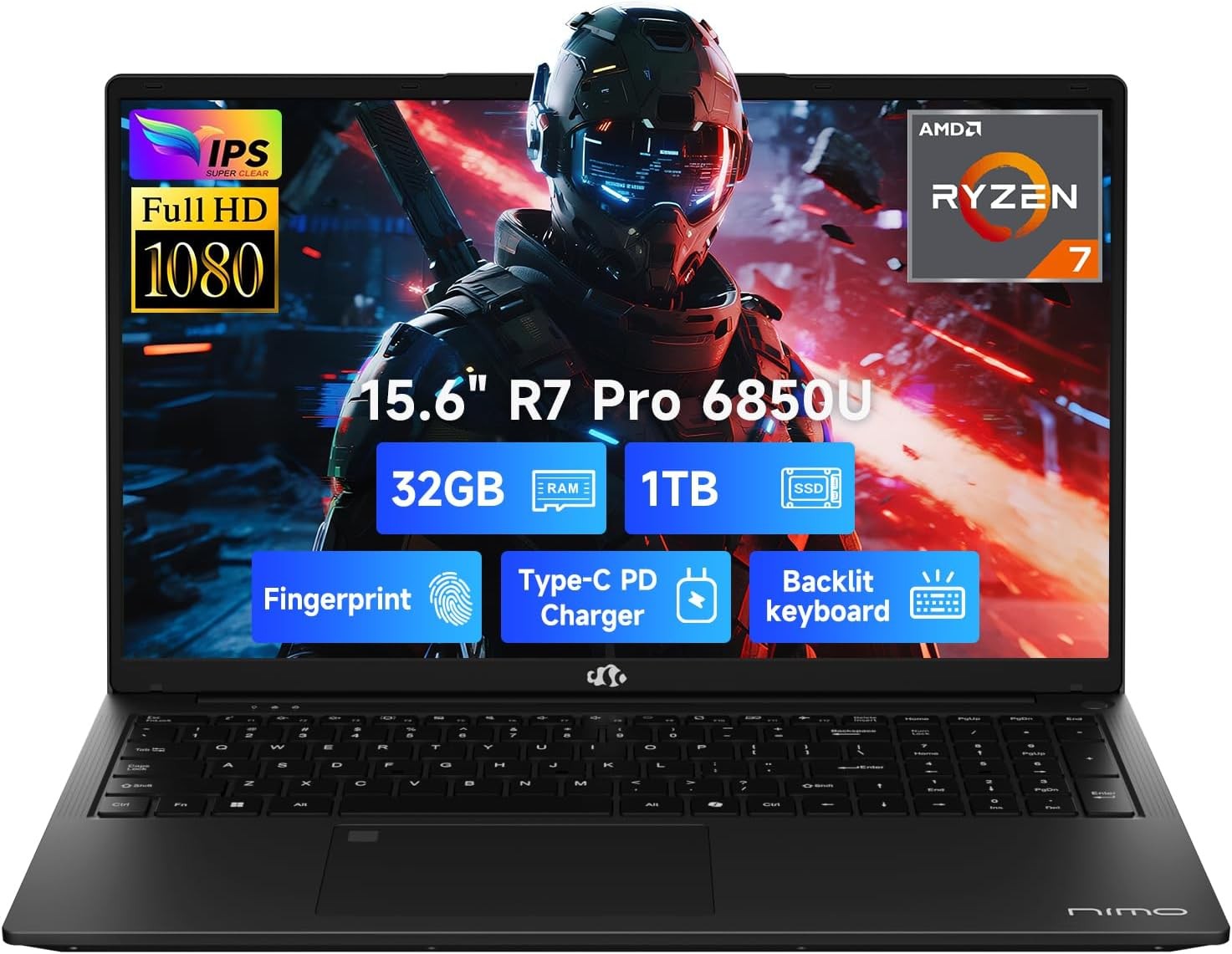 NIMO 15.6 Light Gaming Laptop 8 Cores AMD Ryzen 7 Pro 6850U 32GB LPDDR5 RAM 1TB