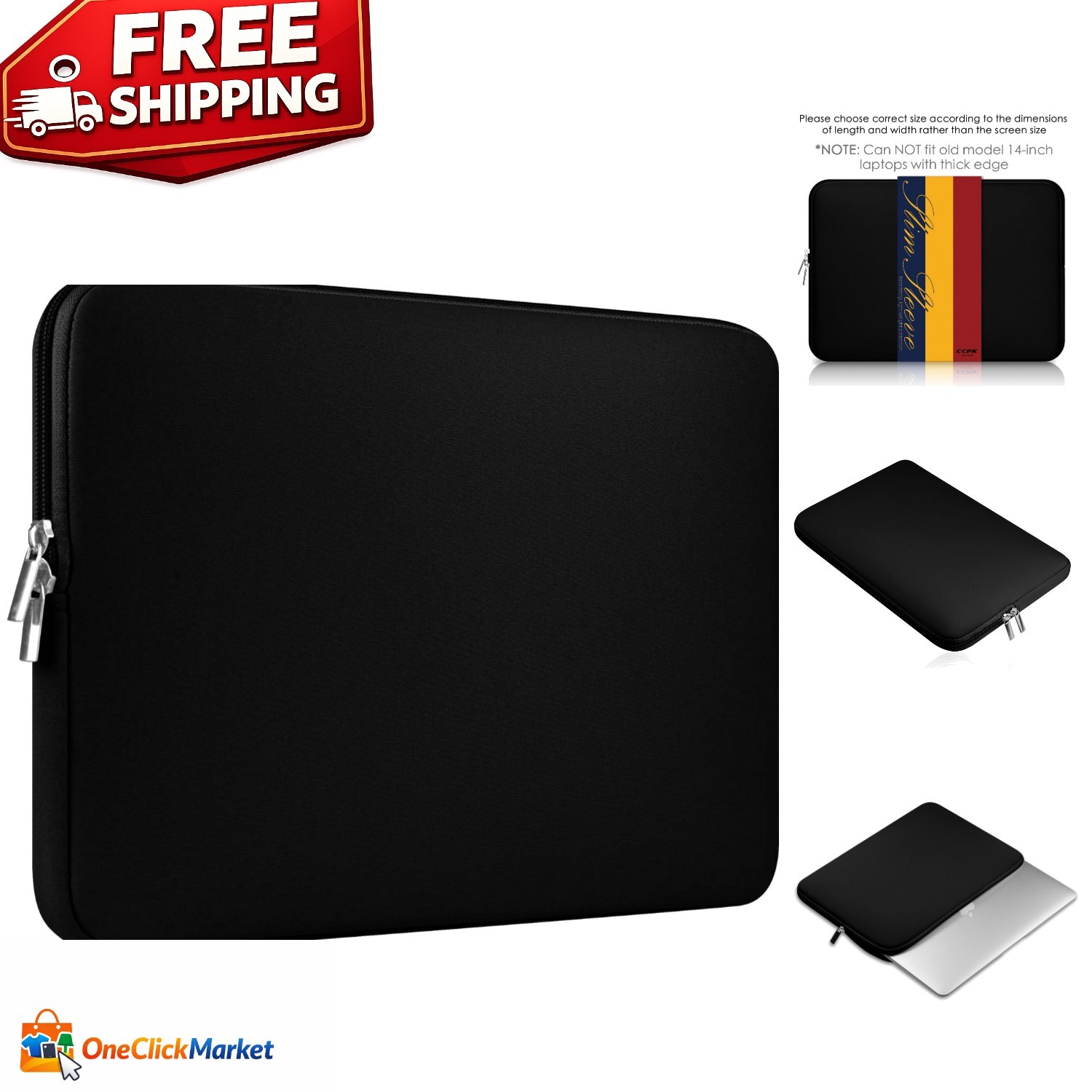Heavy Duty 13-14 Inch Laptop Sleeve with Integrated Media Pocket, Black Neoprene