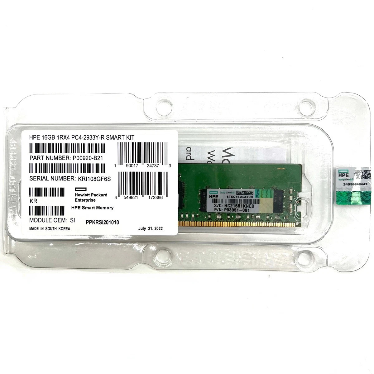 NEW HPE P00920-B21 P03051-091 1RX4 16GB DDR4 PC4-2933 RDIMM GEN10 Server Memory