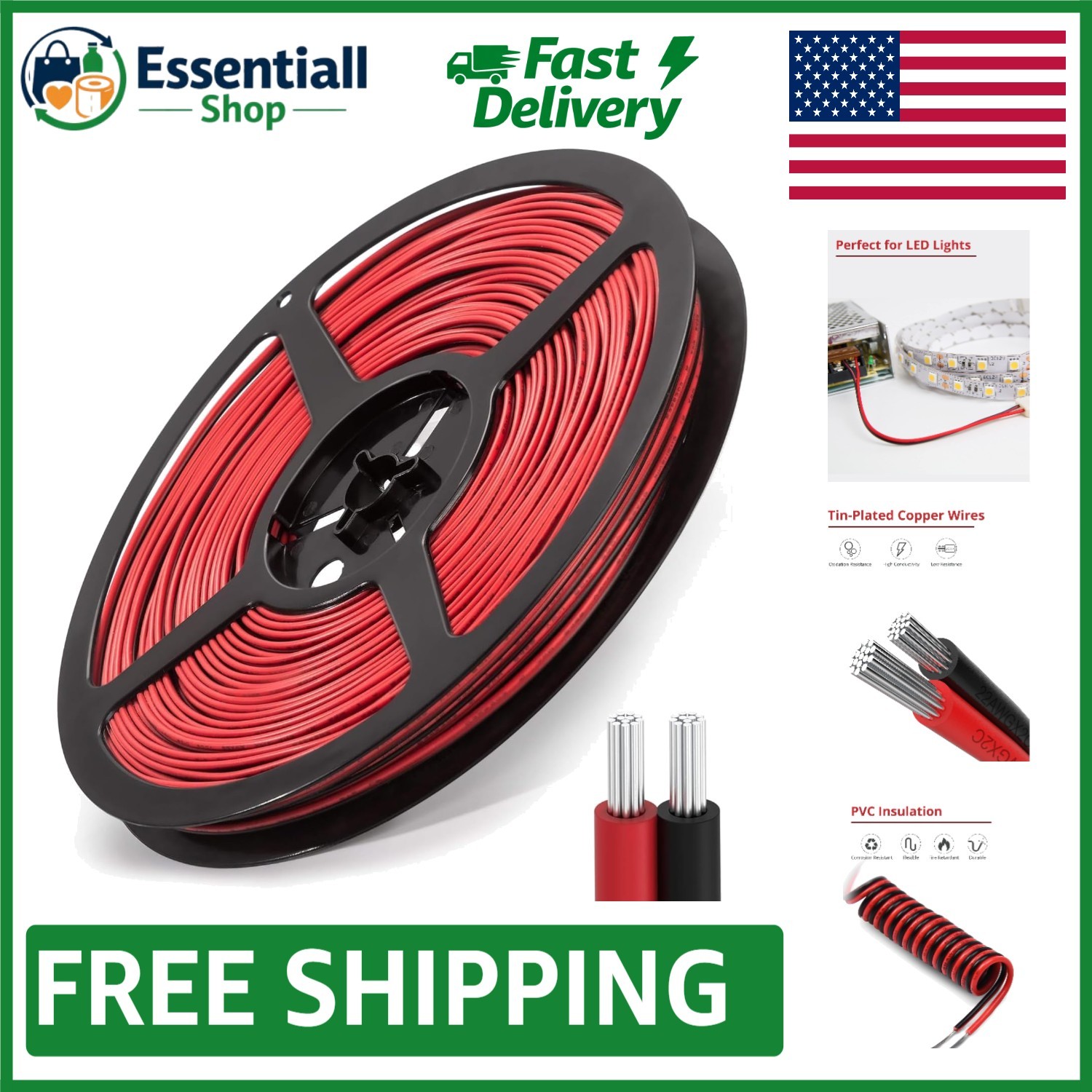65.6ft Low Voltage 22AWG Wire - Tin-Plated Copper, Red & Black