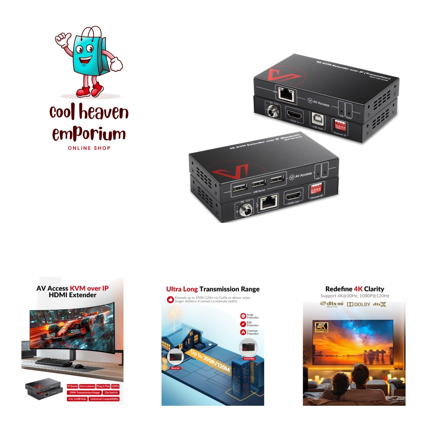 High-Performance 4K KVM Extender Over  - Control Any Device Up to 390ft