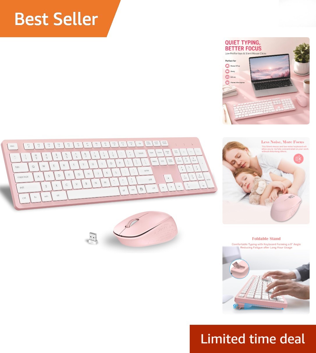 Full-Sized Ergonomic Pink Wireless Keyboard and Silent Mouse - 2.4GHz Combo Set