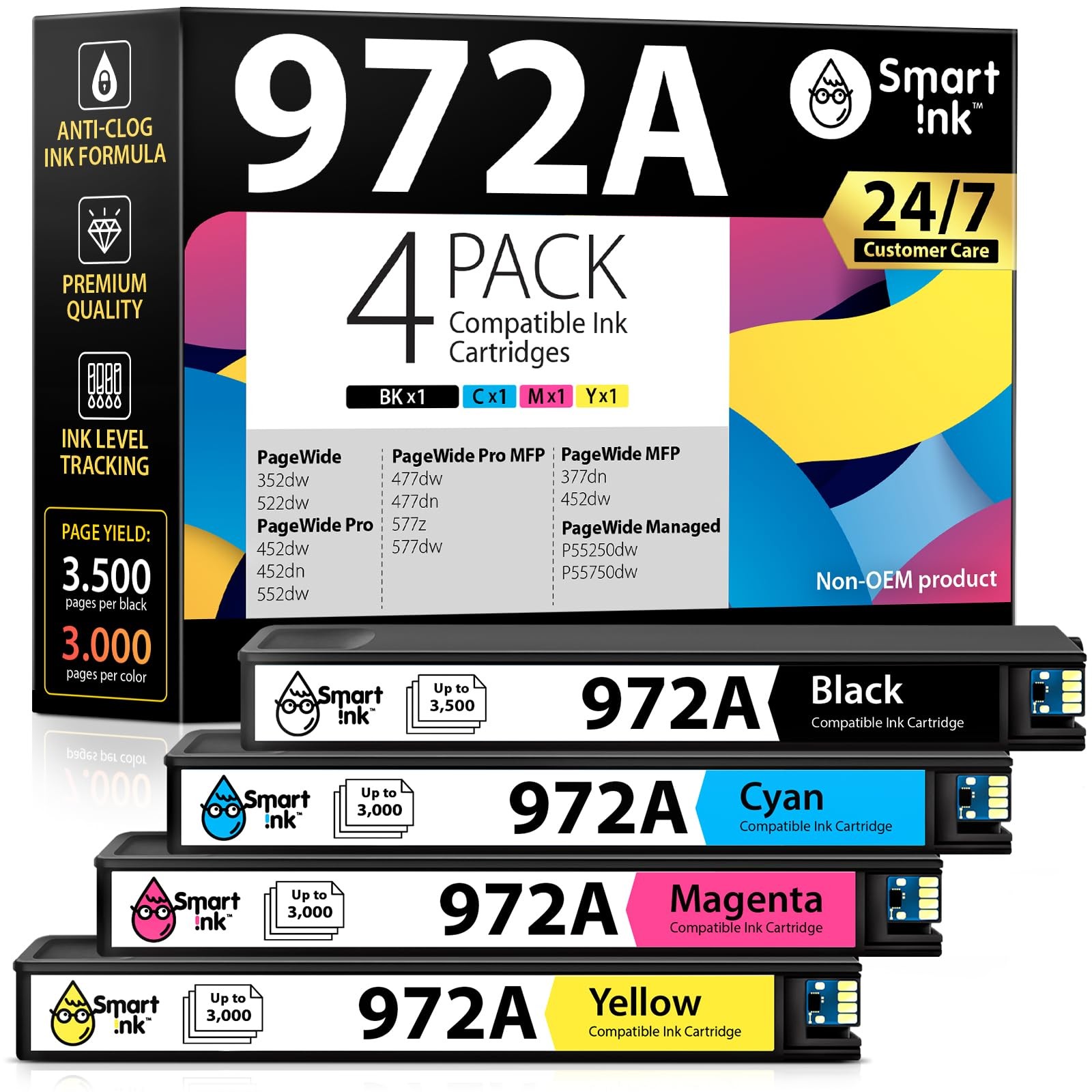 Smart Ink 972A 4 Pack Black Cyan Magenta Yellow Replacement for HP Printers