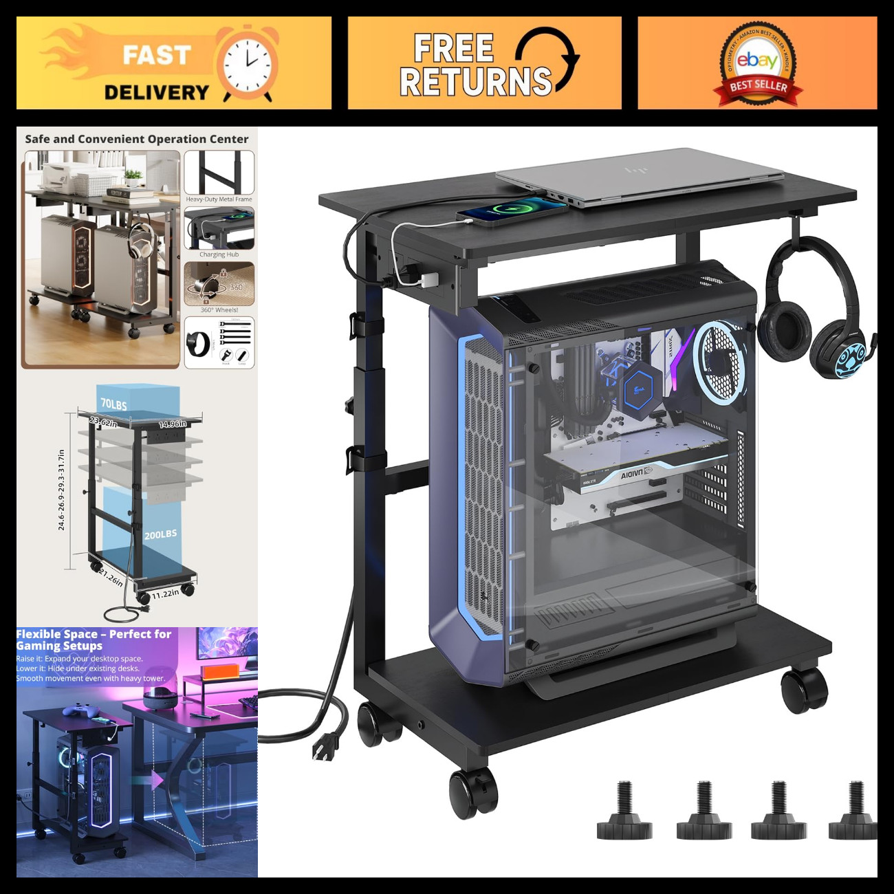 Height Adjustable 2-Tier Computer Tower Stand with Power Outlet & Wheels, ATX CP