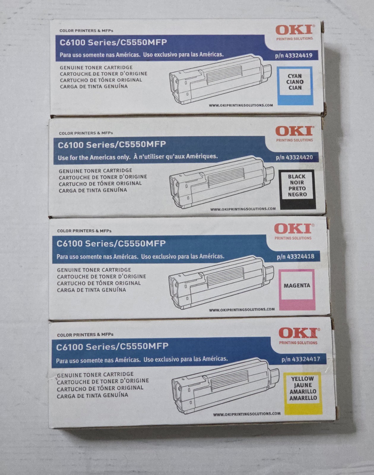 OKI C6100  C5550MFP OEM Toner Cartridge Black Cyan Magenta Yellow 4 Pack New