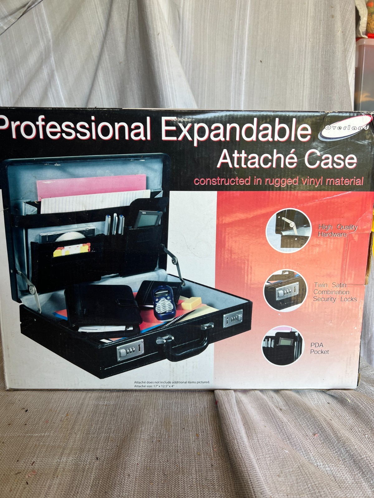 New Professional Expandable Attache Case Black Vinyl Dual Combination Locks 17"