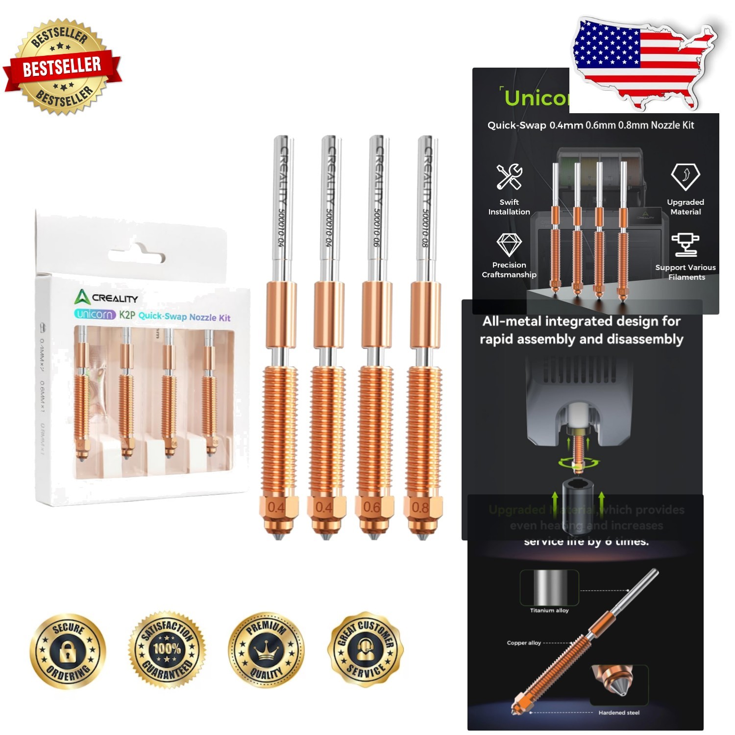 K2 Plus Nozzle Kit: 4PCS Titanium Copper Steel High Flow Upgrade