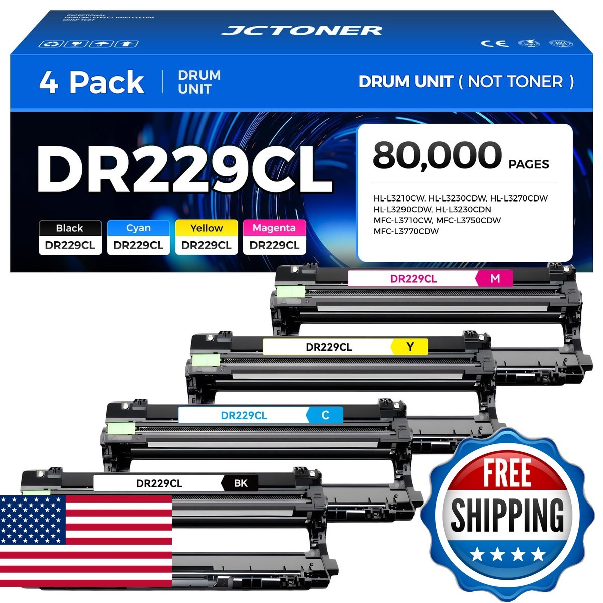 JCTONER DR-229CL 4-Pack Drum for Brother MFC-L3720CDW MFC-L3780CDW HL-L3220CDW