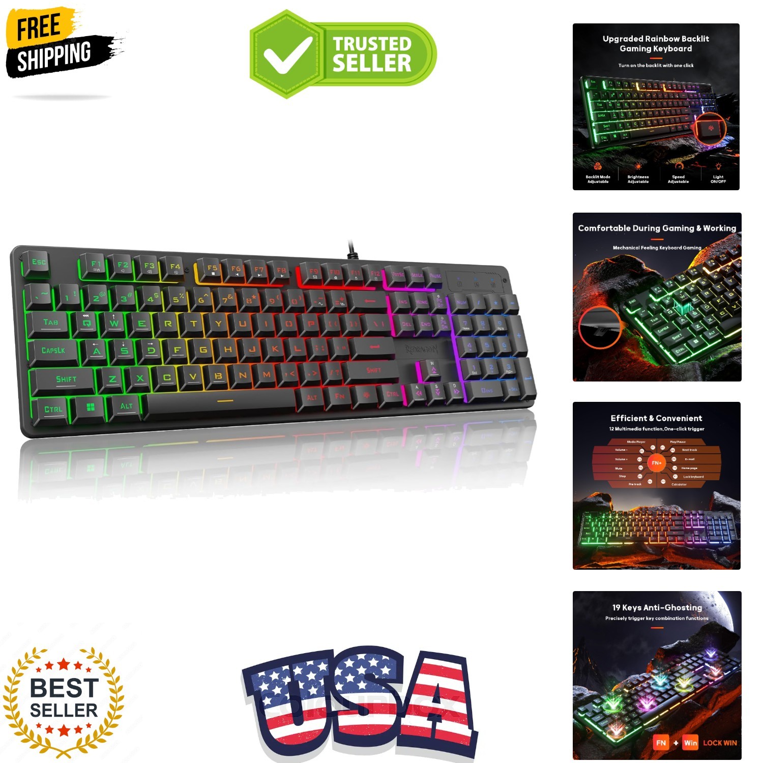 K521 Upgrade Rainbow LED Gaming Keyboard, 104 Keys Wired Mechanical Feeling K...