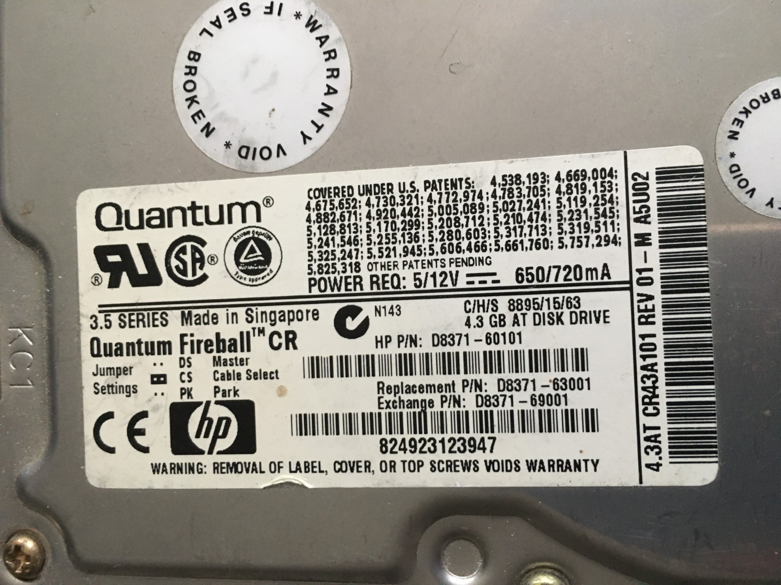 Quantum Fireball 43 GB 3.5" IDE Hard Drive CR43A101 HP P/N: D8371-69001 tested