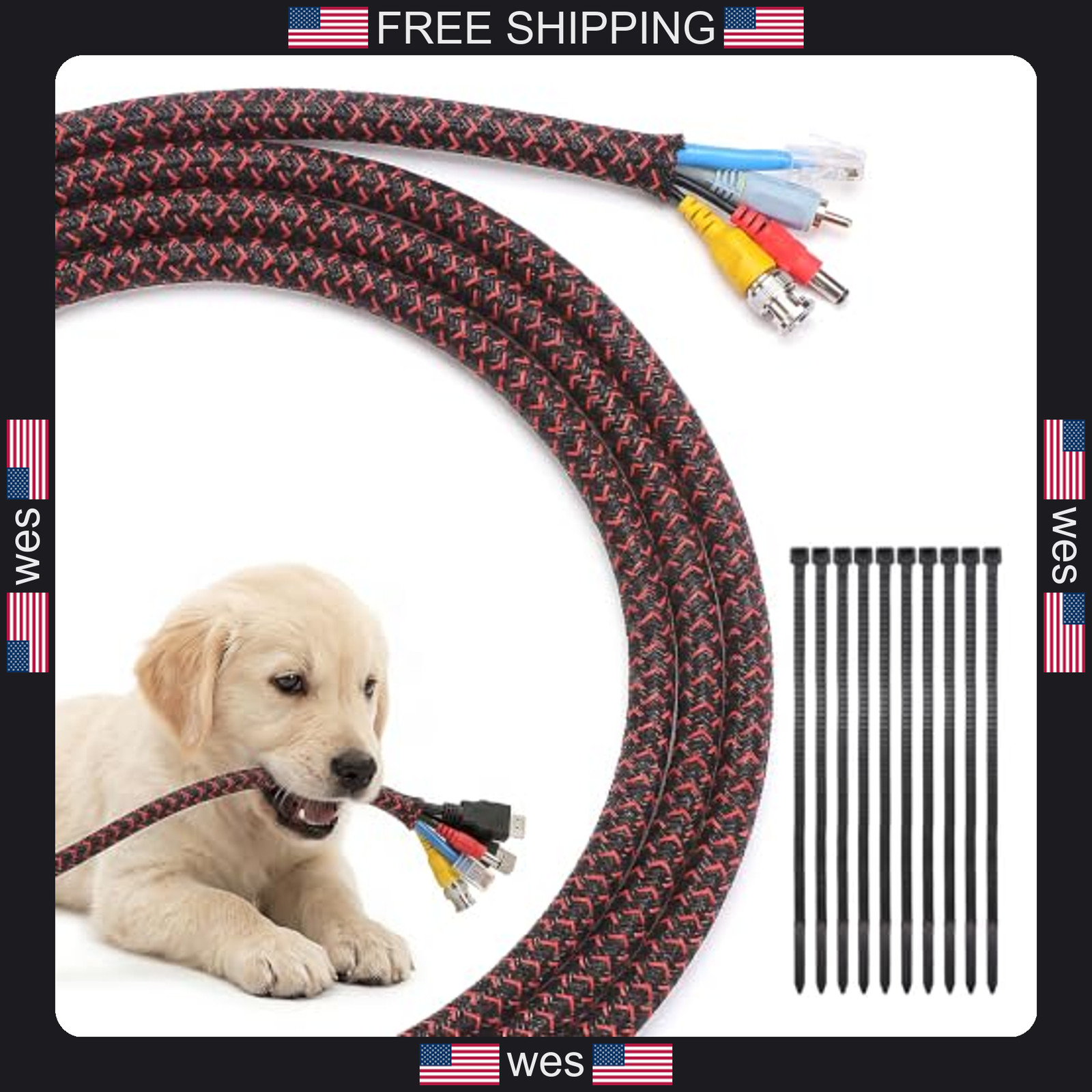 Yecaye 10ft Cable Sleeve 1/2 inch for Pets No Chew BlackRed