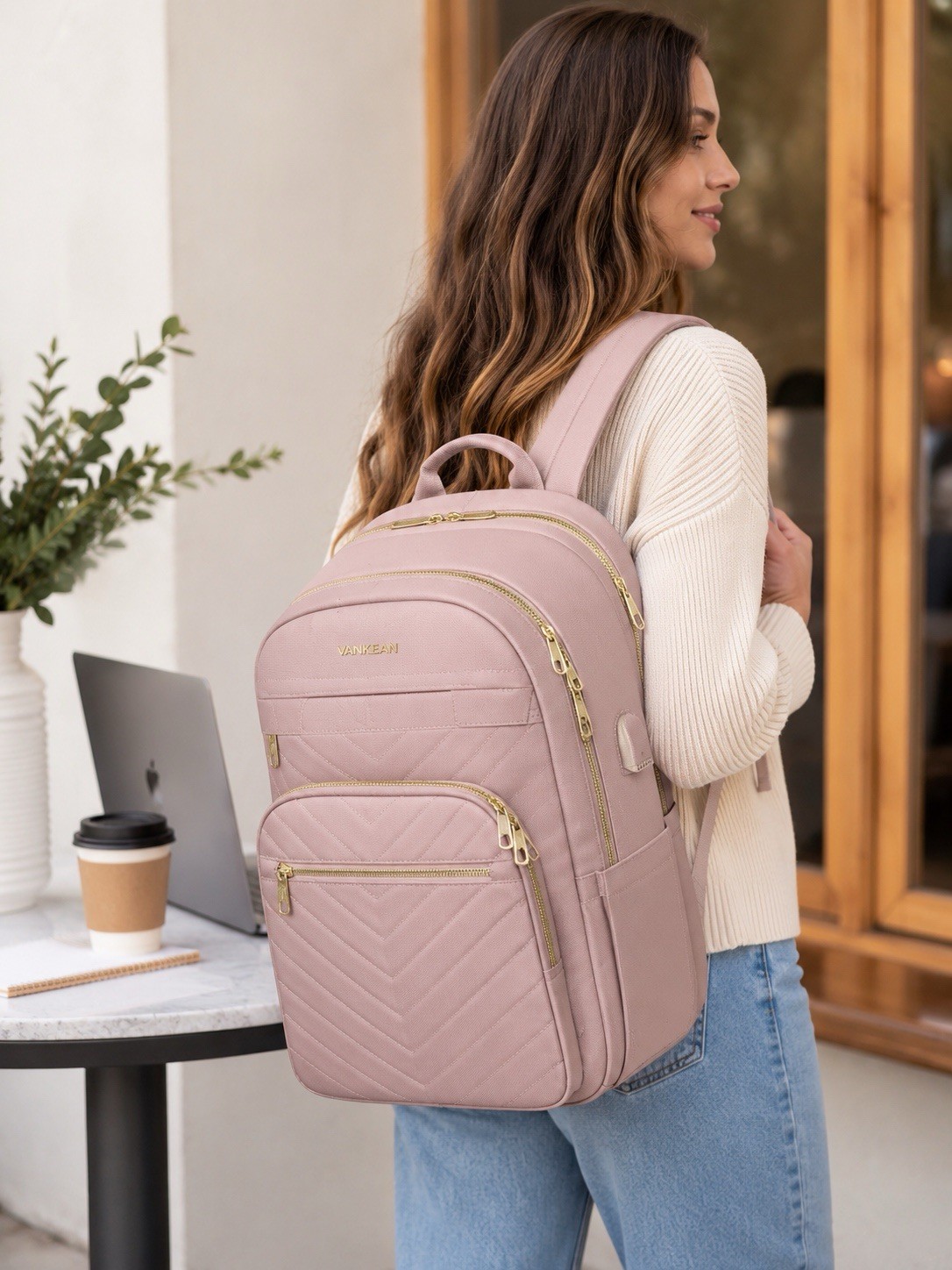 VANKEAN Quilted Laptop Backpack Pink Gold Zipper Travel Work School Bag