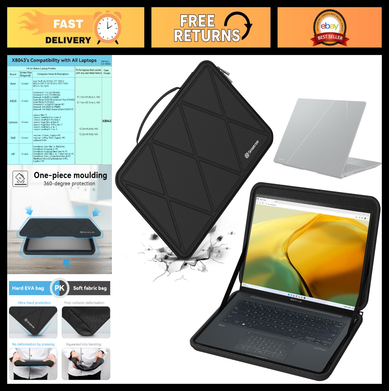 Protective Hard EVA Sleeve Case for 14" ASUS Zenbook, Vivobook, ROG Zephyrus Lap