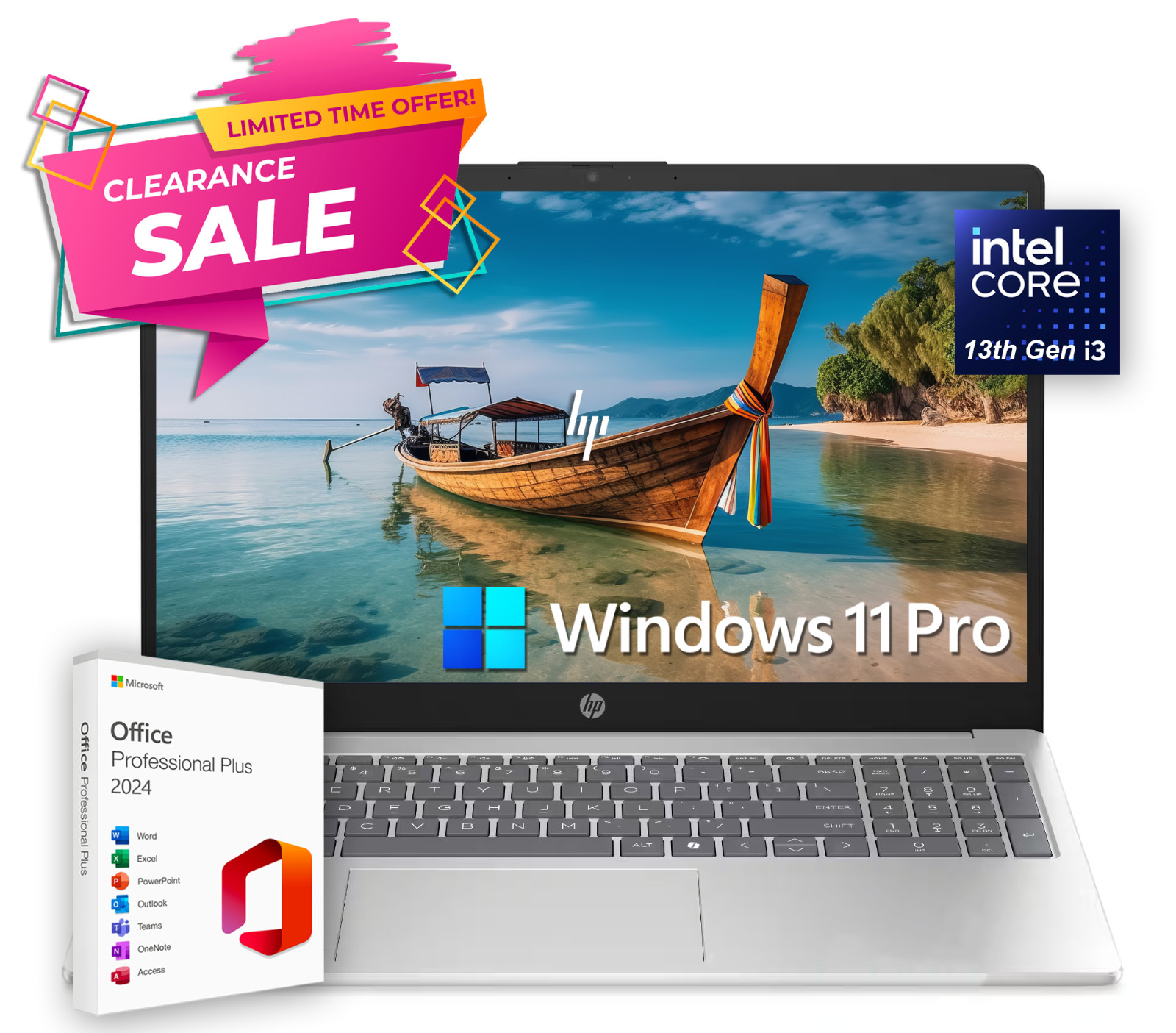 HP 15.6" Touch Laptop 13th Gen Intel i3, 12GB RAM & 256GB SSD, Office Win 11 Pro