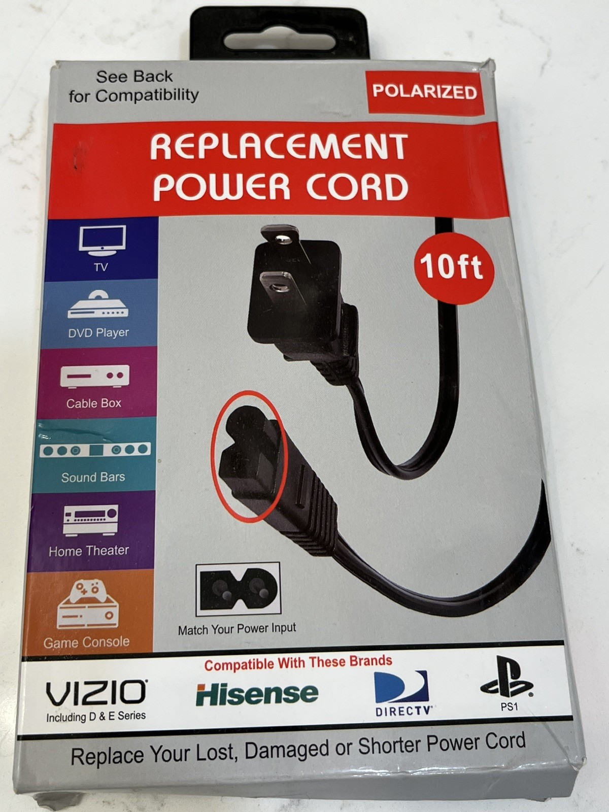 Xtreme Cables 10 Foot Polarized Replacement Power Cord Vizio Hisense PS1 Comcast
