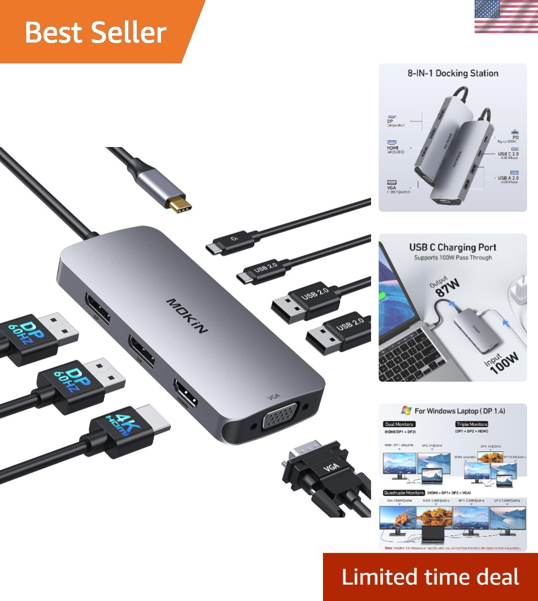8-in-1 USB C Docking Station for Multiple Displays - Dual DisplayPort & HDMI