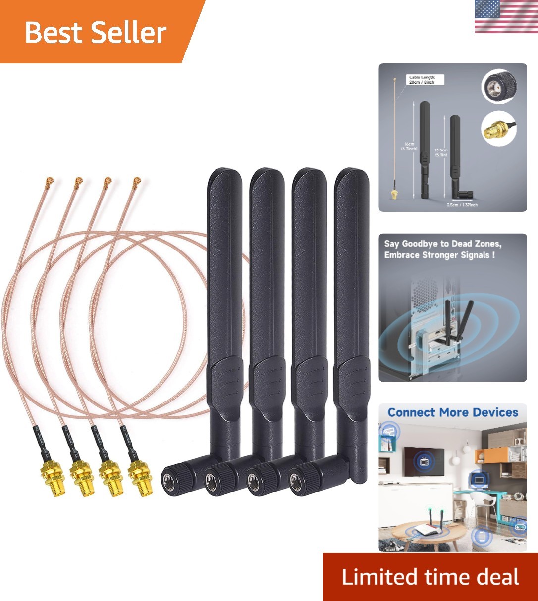 4-Pack Dual Band WiFi Antenna 8dBi Omni-Directional with RP-SMA Male Connector