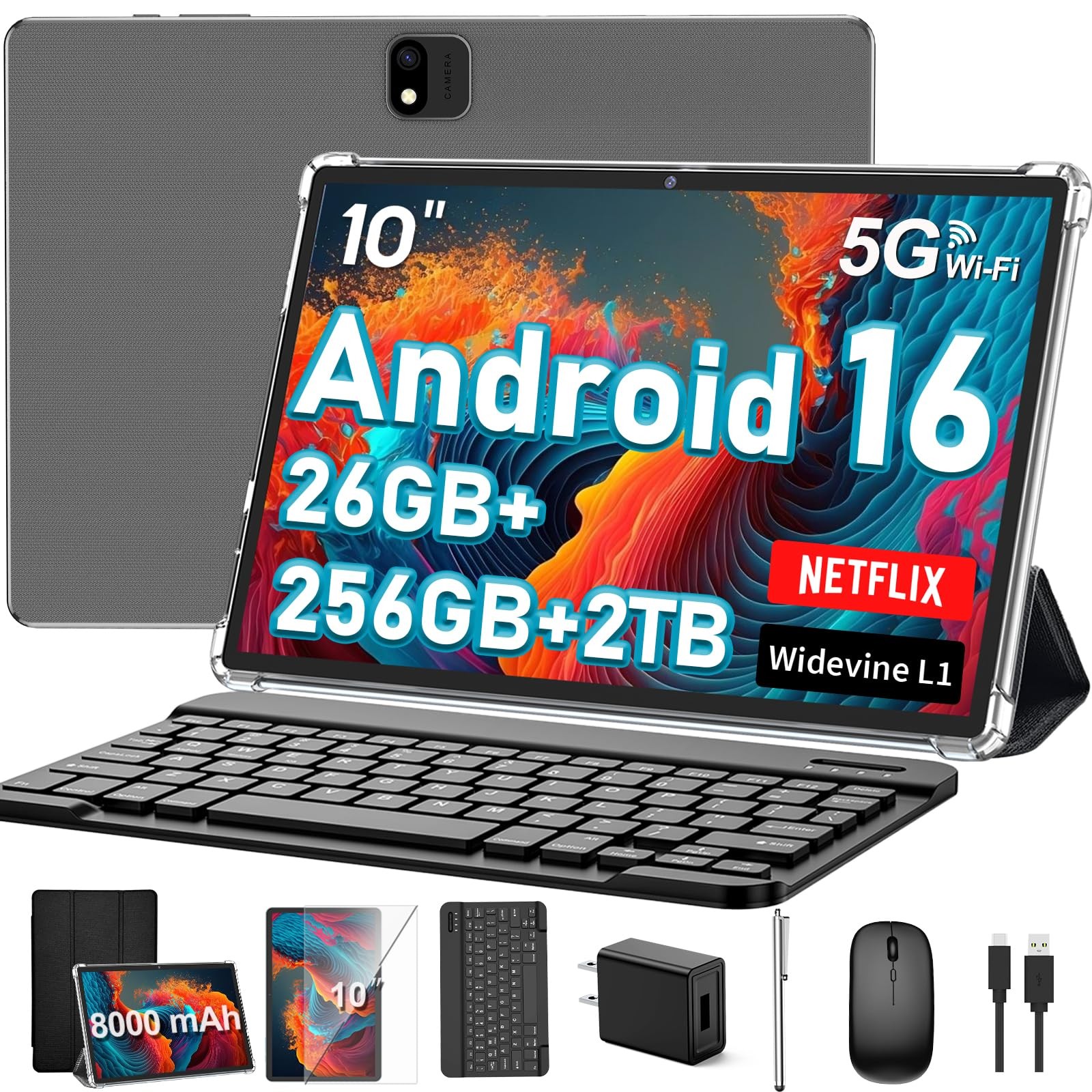2026 10 Inch Tablet, Android 16 Tablet with Keyboard, 26GB+256GB+2TB Expand