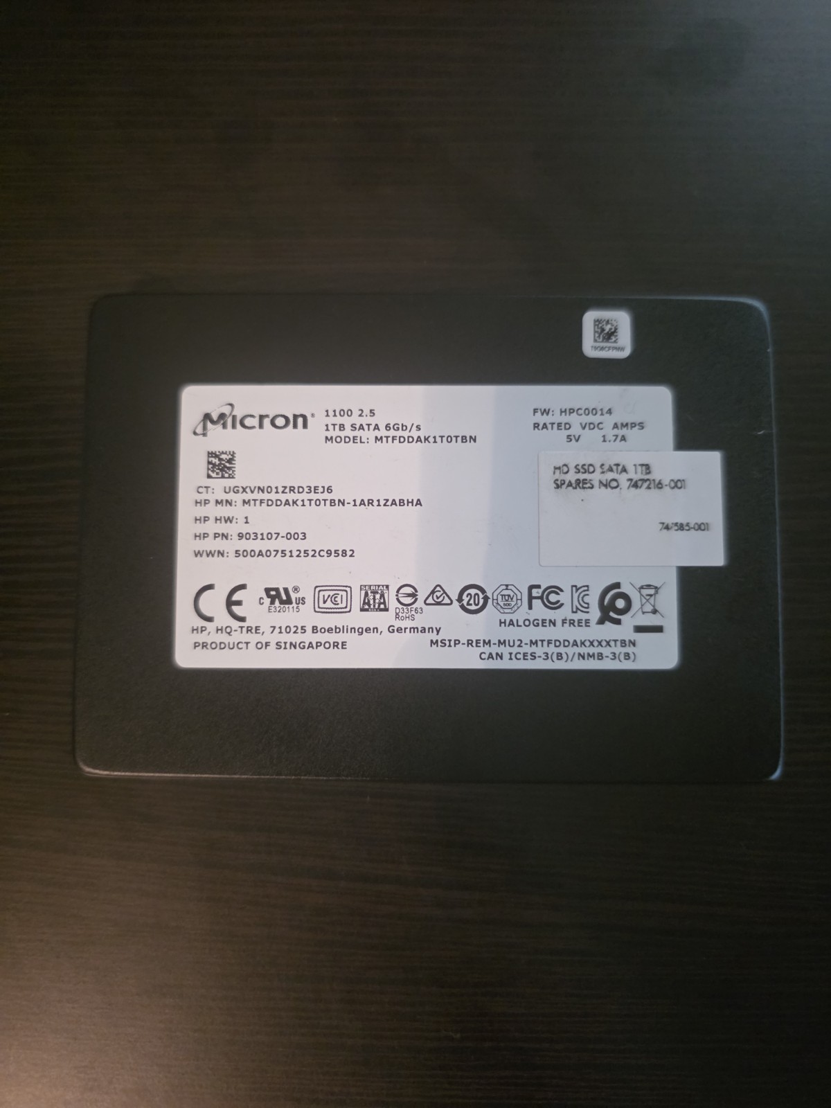HP/Micron 1100 747216-001 903107-003 MTFDDAK1T0TBN 1TB 6Gb/s 2.5" SATA SSD