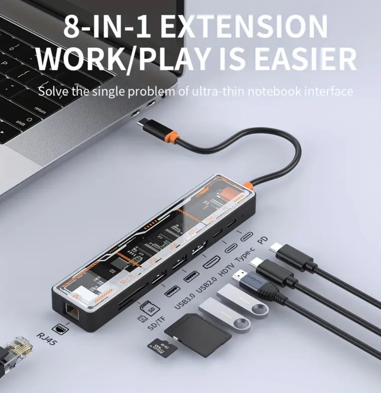 USB-C Hub (8-in-1) 100W PD3.0 Charge, 4K 60Hz 2K 144Hz HDMI 2.0, 3 x 5Gbps TF SD