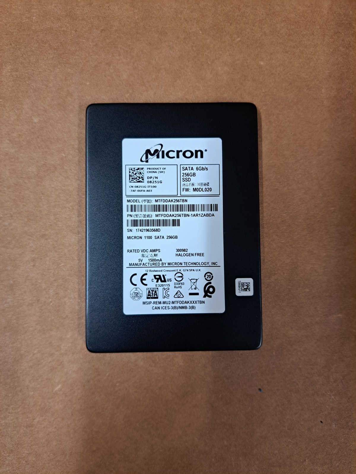 Dell Micron 256GB SATA 6GB 2.5" SSD Hard drive 8251G MTFDDAK256TBN