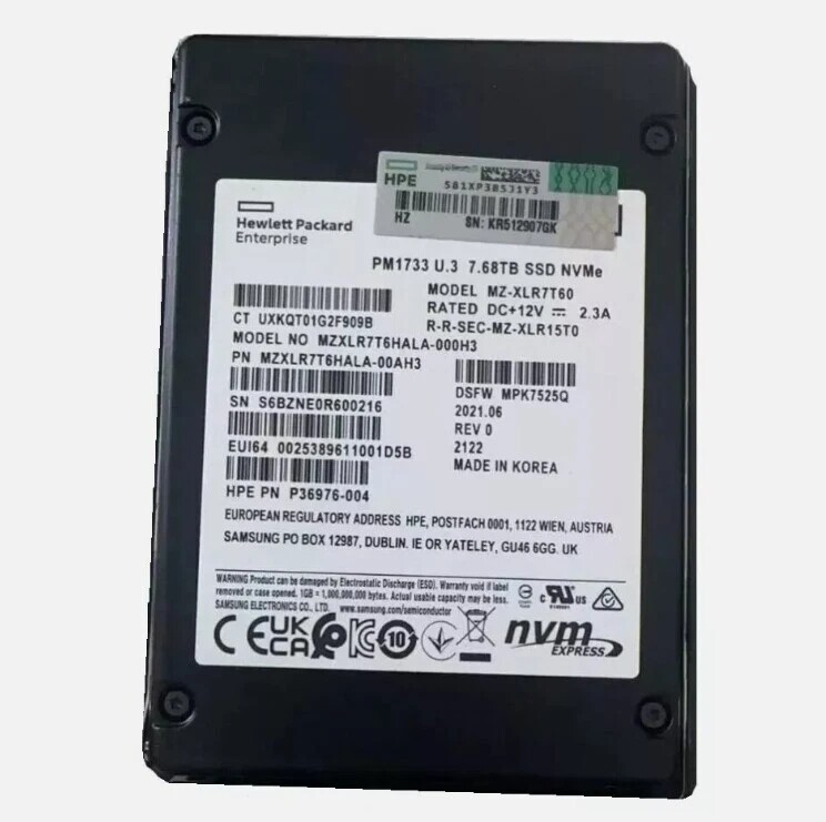 HPE Samsung PM1733 7.68TB SSD U.3 NVMe MZ-XL57T60 MZXL57T6HALA-00AH3 100% Health
