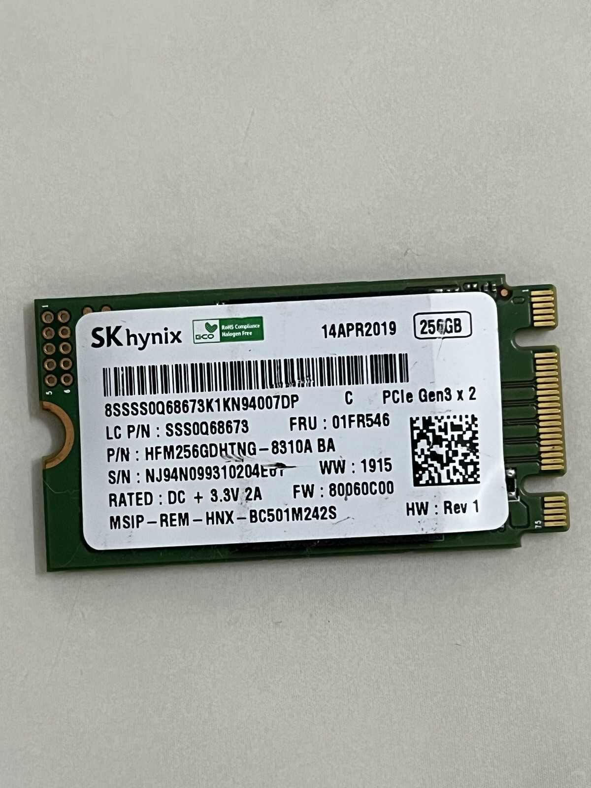 SKhynix HFM256GDHTNG-8310A 256GB SSD MVMe PCIe Gen3x2 M.2 2242 SSD For T480 LA