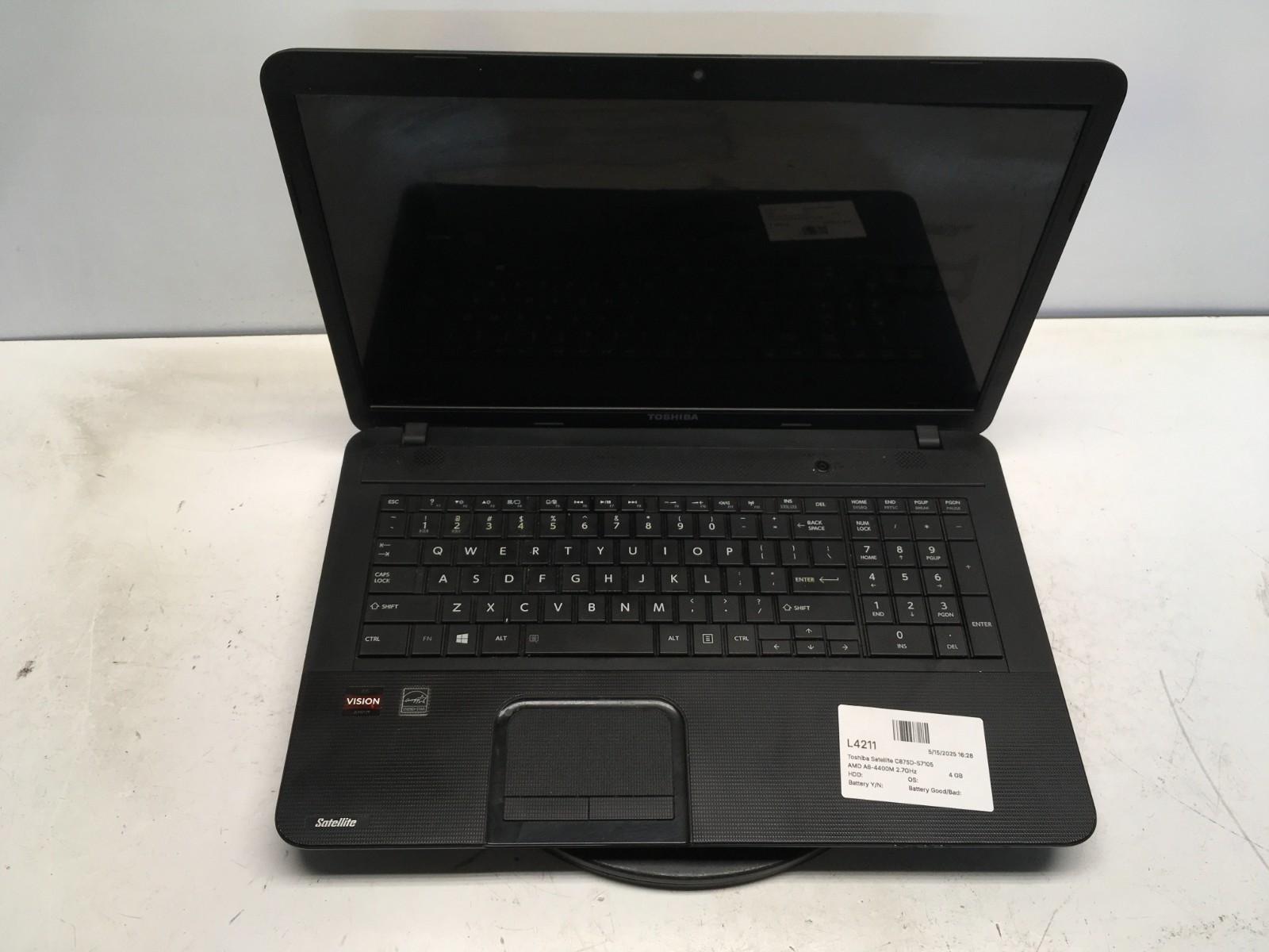 Toshiba Satellite C875D-S7105 AMD A6-4400M 2.7GHz 4 GB NO HDD/Battery