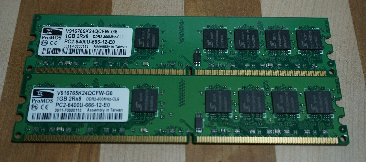 2 ProMOS 1GB 2Rx8 Memory Card V916765K24QCFW-G6  PC2-6400U-666-12-EO 800MHz DDR2