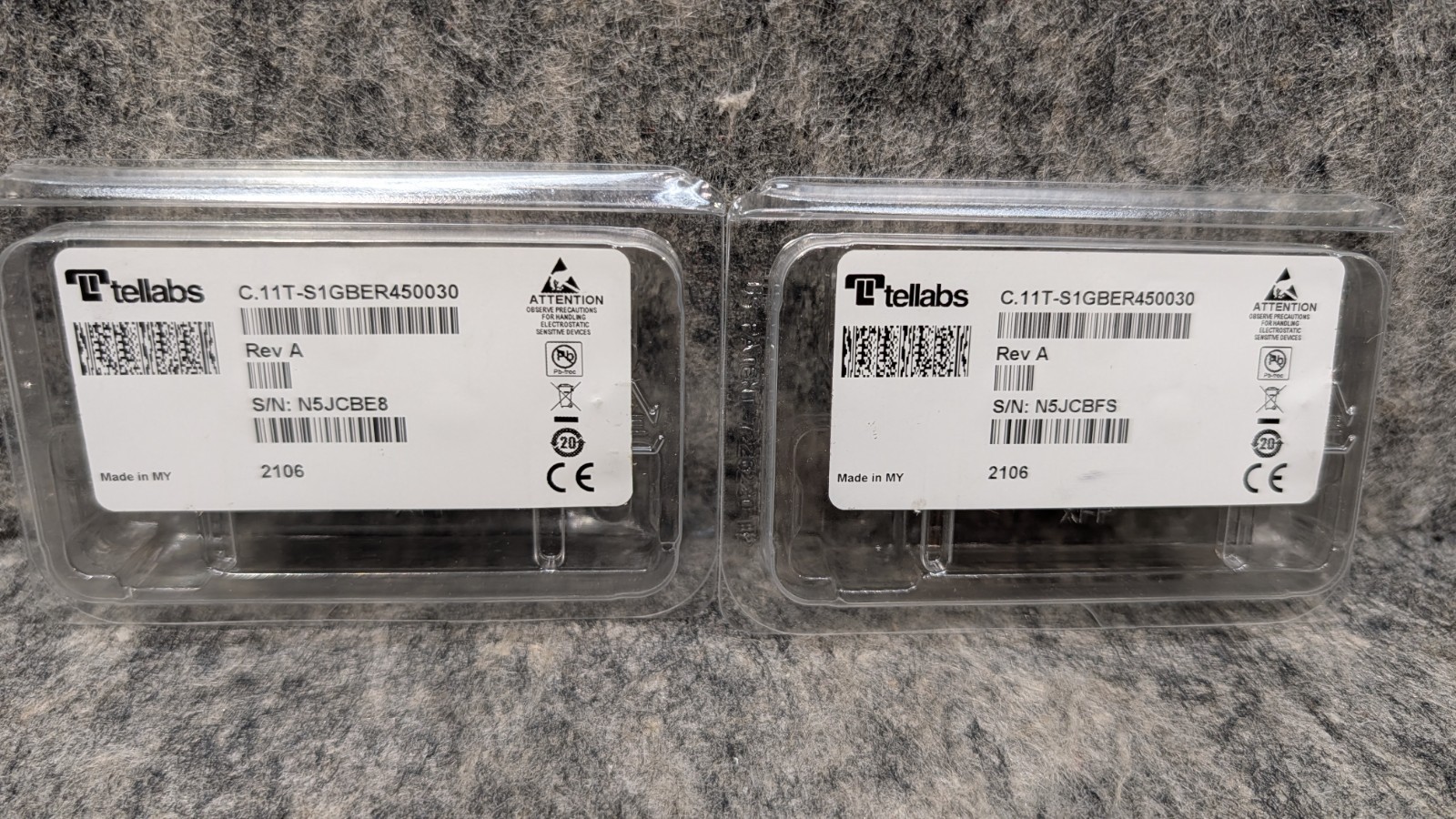 2 x TELLABS/FINISAR C.11T-S1GBER450030 Rev A 1000Base-T Copper (SFP) Transceiver
