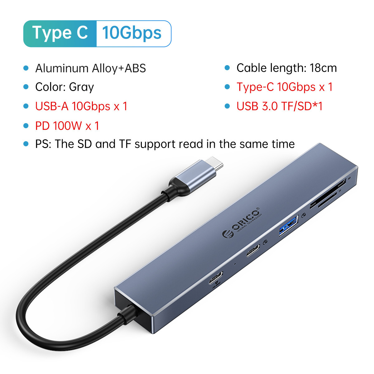 ORICO 10Gbps 4 IN 1 Type-C USB HUB USB 3.1 SD/TF PD 100W Expansion for Laptop