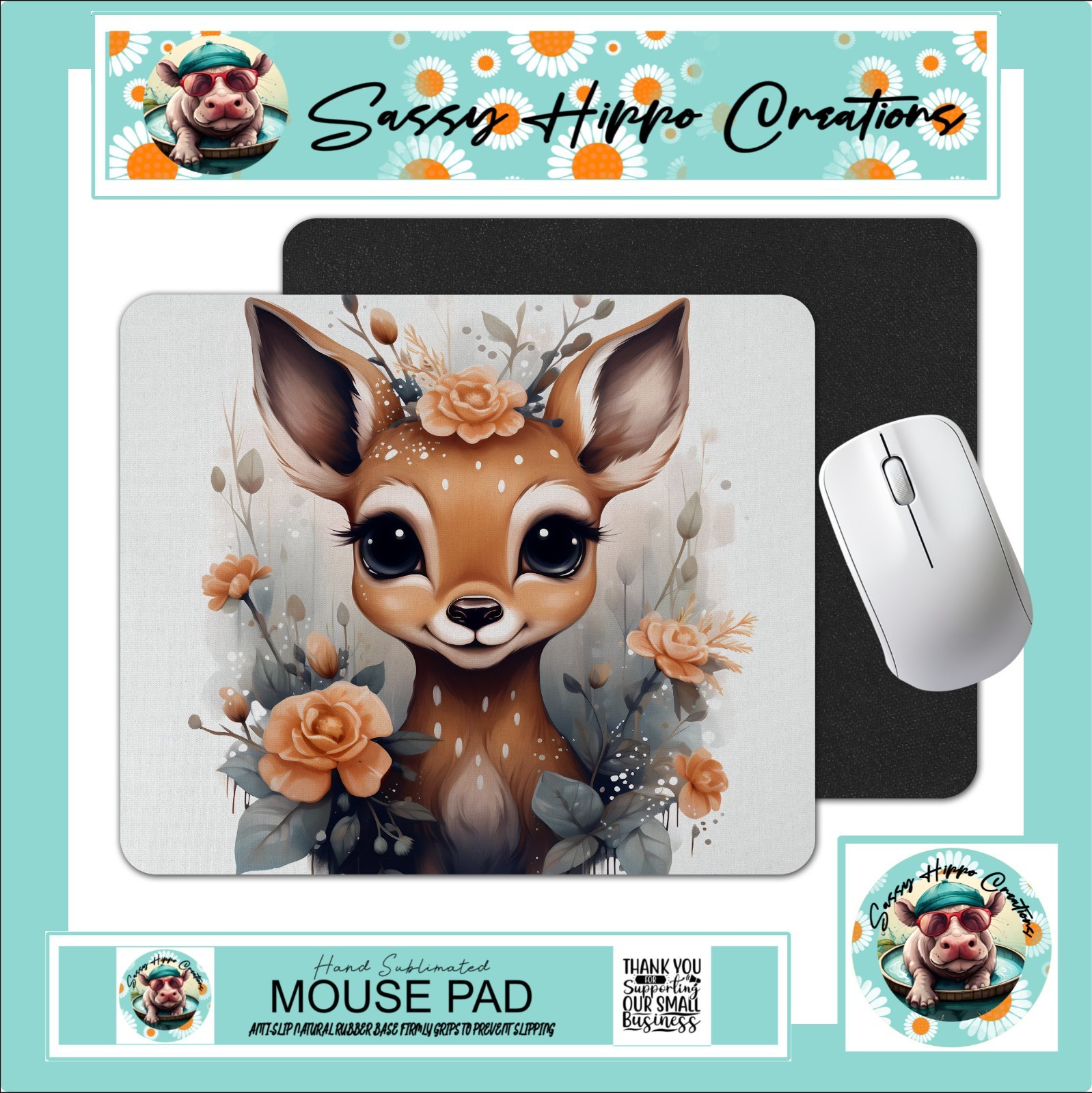 Mouse Pad Woodland Deer Big Eyes Flowers Anti Slip Easy Clean Hand Sublimated