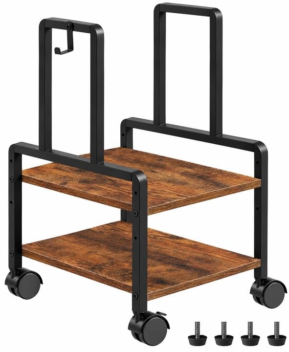 Adjustable 2-Tier PC Stand, Computer Tower Stand with 360° Locking Wheels &