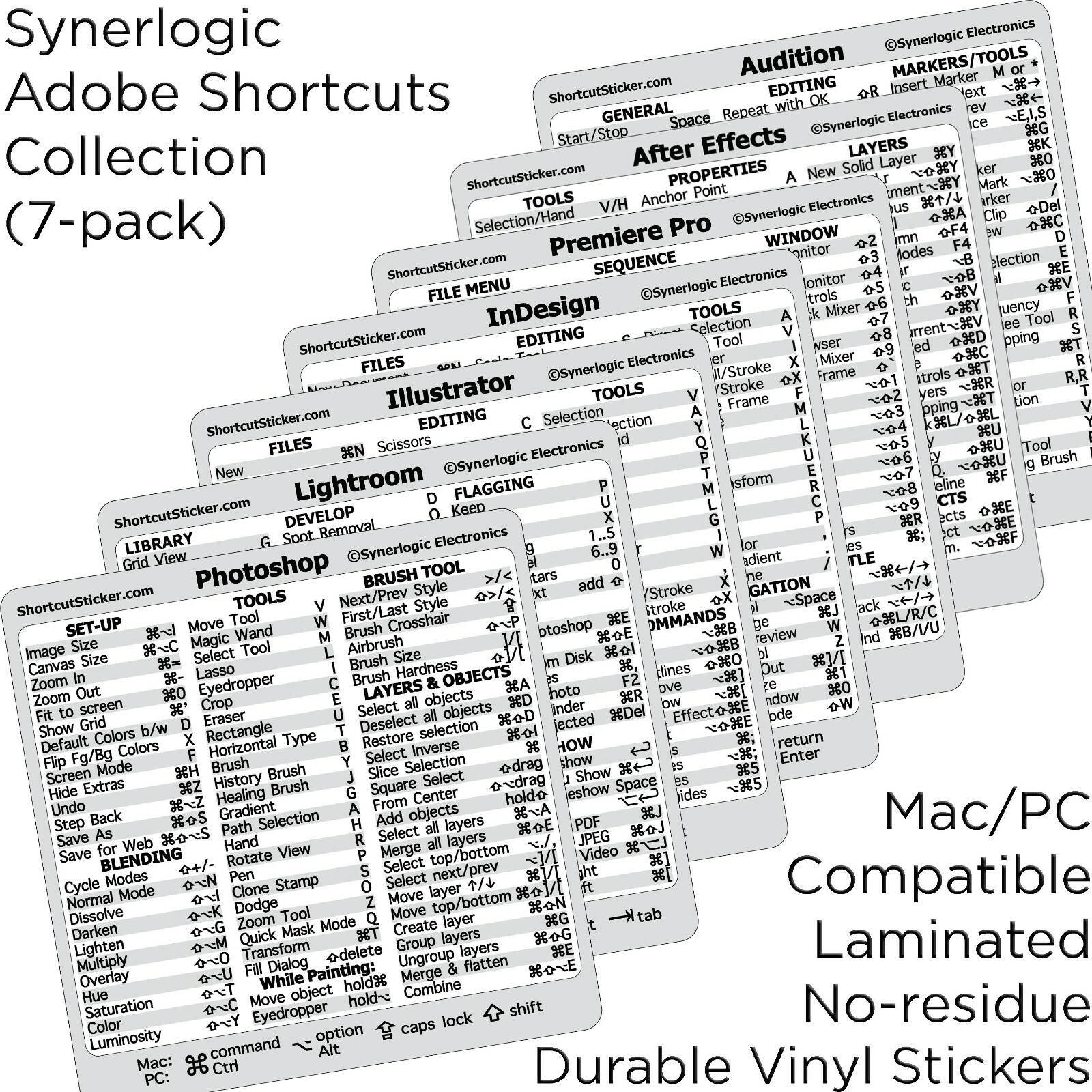 Adobe Collection 7-in-1 Reference Guide Shortcut No-residue Vinyl Sticker Mac/PC